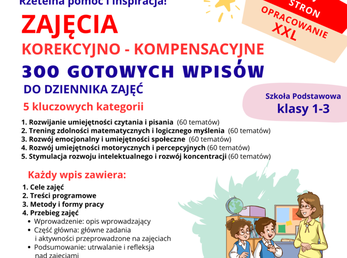 Zajęcia korekcyjno-kompensacyjne – 300 gotowych wpisów do dziennika zajęć, ćwiczenia, inspiracje