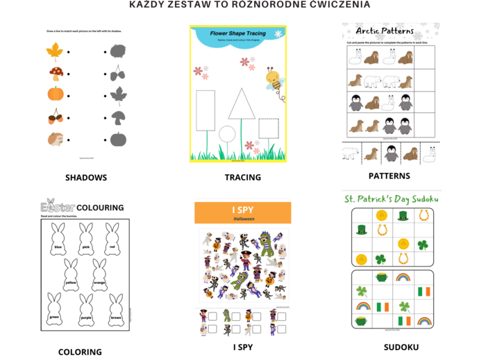 Mega Pakiet Kart Pracy dla Przedszkolaka – Sezonowe i Tematyczne Aktywności Edukacyjne, język angielski, 14 zestawów, 4 pory roku, christmas, easter, australia, artic animals, saint patick, valentines day, sports day,