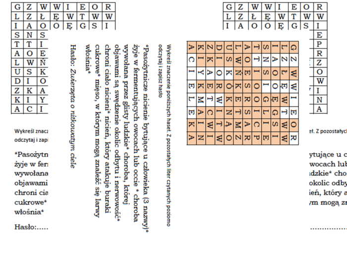 Wykreślanka dla klasy 6 na podsumowanie lekcji o nicieniach