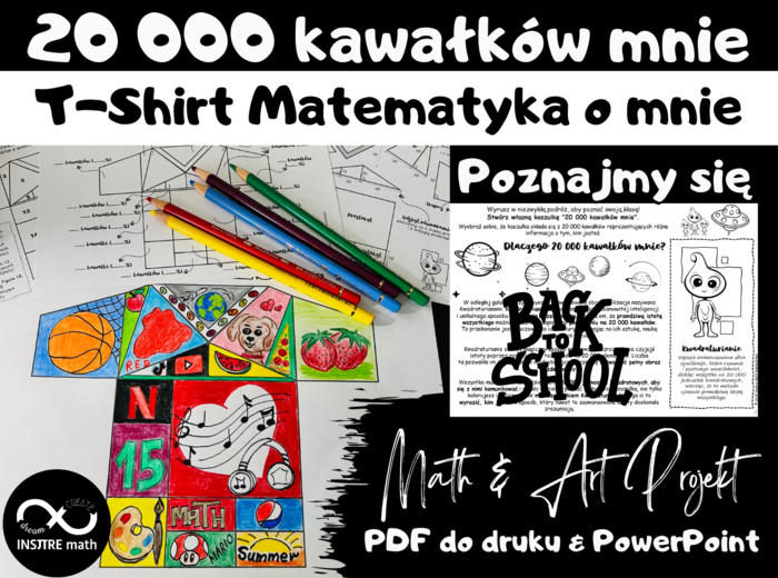 Poznajmy się: T-Shirt Matematyka o mnie. Stwórz własną koszulkę „20 000 kawałków mnie”. Math & Art Projekt na początek roku.