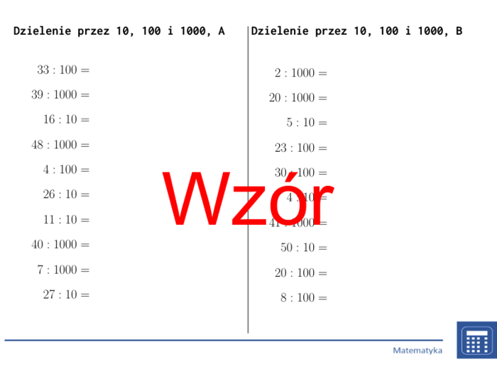 Dzielenie przez 10, 100 i 1000 | matematyka | 26 kolumn