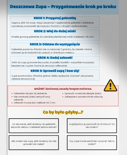 Zabawy sensoryczne: błękitna galaretka jako „deszczowa zupa”, ryż jako „deszcz”