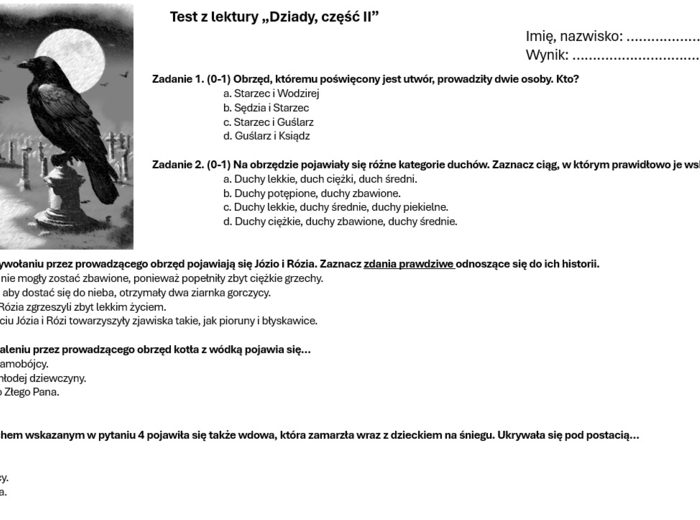Test z lektury "Dziady, część II"