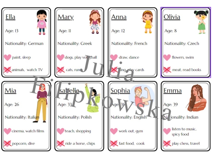 Gramatyka/ Like/ Gerund/ Basic information/ Gra/ Gra uniwersalna/ Gra językowa/ Karty obrazkowe/ Zabawa/ Dzieci/ Warm-up/ Rozgrzewka/ Słownictwo