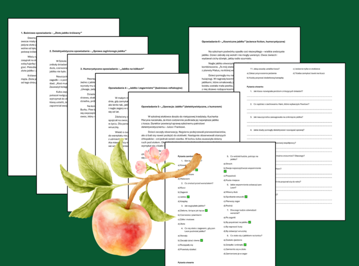 📚📝 Pakiet 6 opowiadań na DZIEŃ JABŁKA – z pytaniami i zadaniami dla uczniów 🍎 CZYTANIE ZE ZROZUMIENIEM – kl. 4-6 – opowiadanie + odpowiedzi