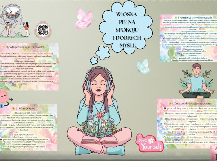 Mega paka 3 w 1:  ' Wiosna pełna spokoju i dobrych myśli'- gazetka, kod QR do filmiku+ quiz z odpowiedziami