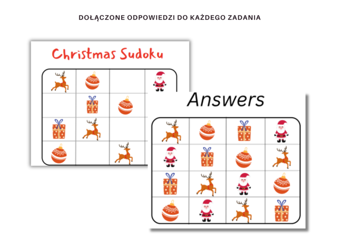 Christmas for Preschoolers Worksheet Set - Karta pracy dla przedszkolaków i uczniów zerówki do rozwijania umijętności słownictwa i logicznego myślenia, Święta Bożego Narodzenia, słownictwo, sudoku, gra I Spy, liczenie do 10, wzory, what comes next, dodat