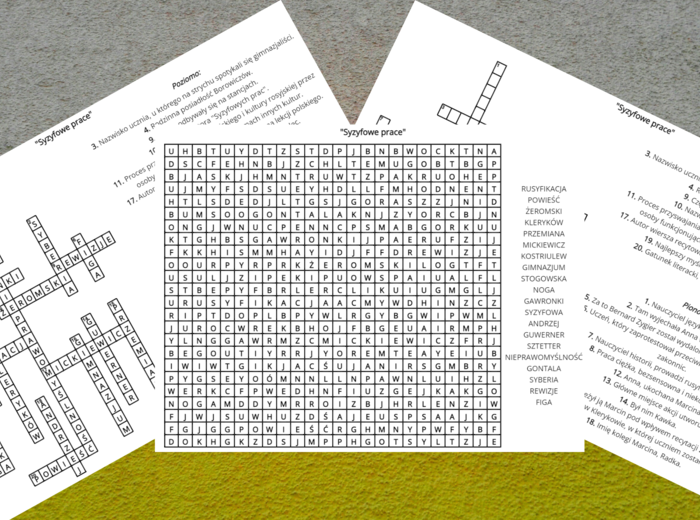 "SYZYFOWE PRACE" – krzyżówka, wykreślanka – lektury obowiązkowe kl.7-8