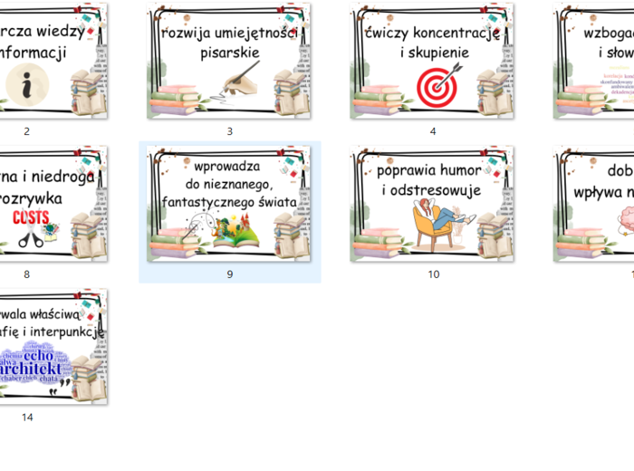 Zalety czytania książek 14 kart