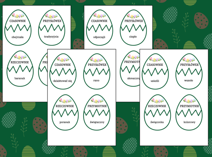 WIELKANOCNA GRAMATYKA – układanka – Wielkanoc – CZĘŚCI MOWY - czasownik - rzeczownik - przymiotnik - przysłówek – 13 str.