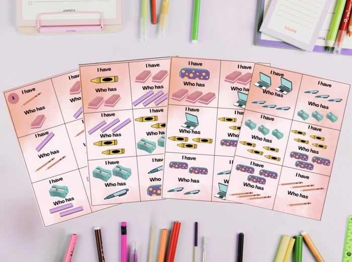 I have/ Who has - liczba pojedyńcza i mnoga rzeczowników - przybory szkolne