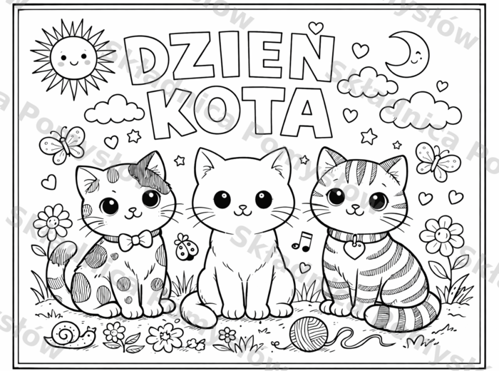 DZIEŃ KOTA - plakat - kolorowanka XXL do druku - 6 kart A4 + miniatura