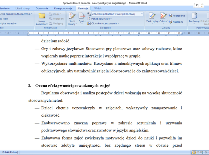 Sprawozdanie nauczyciela języka angielskiego za I półrocze pracy w przedszkolu