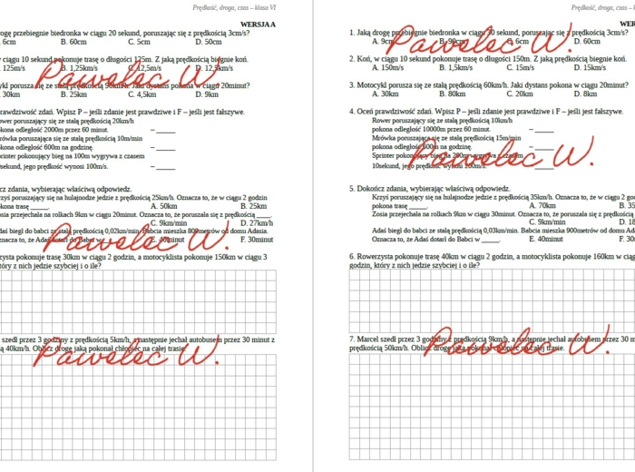PRĘDKOŚĆ, DROGA, CZAS - karty pracy, sprawdzian, kartkówka - II wersje/grupy + odpowiedzi - kl. 6