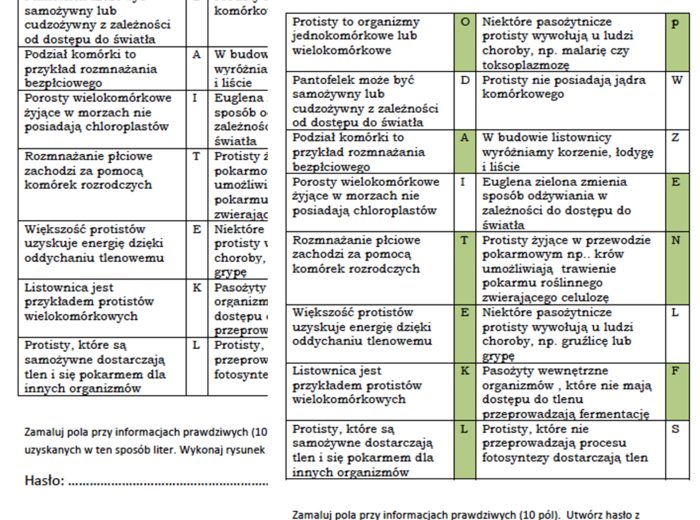 Prawda czy fałsz- łamigłówka na podsumowanie lekcji biologii o protistach (klasa 5)