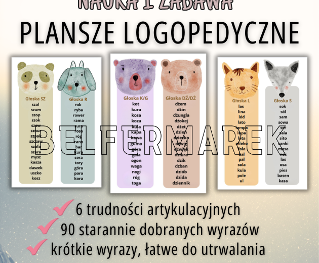 PLANSZE LOGOPEDYCZNE utrwalanie głosek, ćwiczenia artykulacyjne 90 wyrazów
