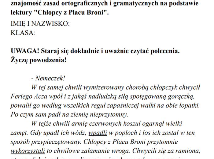 Chłopcy z Placu Broni - sprawdzian.