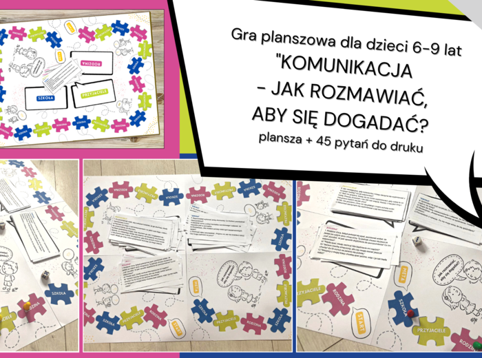 Gra planszowa „Komunikacja – jak rozmawiać, aby się dogadać? Plansza + 45 pytań” dla dzieci 7-9 lat” – pomoc edukacyjna do druku