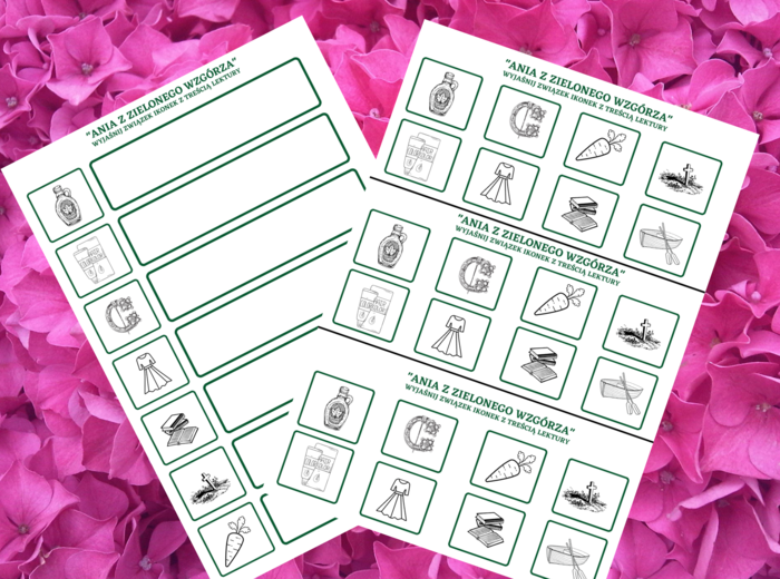 "ANIA Z ZIELONEGO WZGÓRZA" – ikonki – wklejki – karta pracy – lektury 4-6