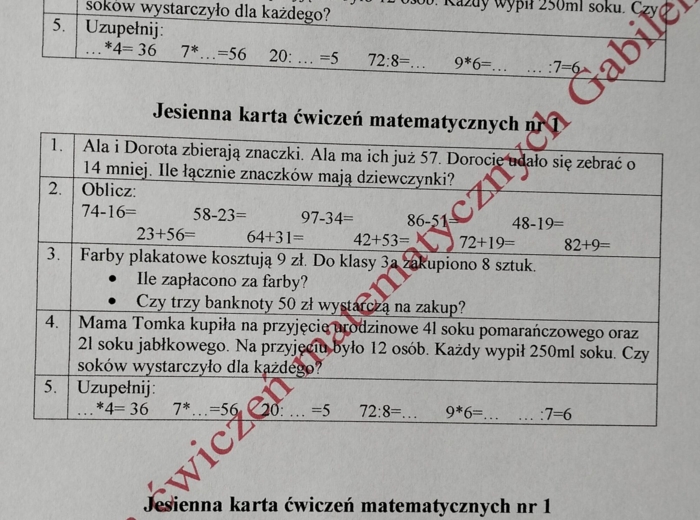 Jesienne karty ćwiczeń matematycznych