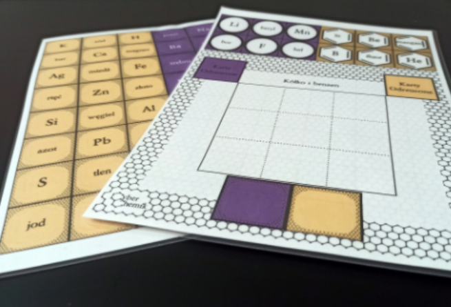 Tytuł: Klasa 7. Chemia. Gra kółko i krzyżyk (benzen) - fiszki nazwa i symbol pierwiastka