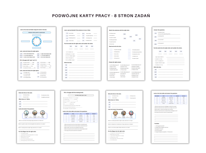Telling the time worksheet - Podawanie czasu, godziny, język angielski, podwójne karty pracy, pełen zakres minutowy