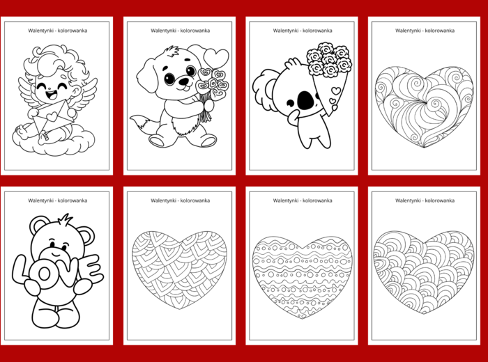 WALENTYNKI – kolorowanka – kolorowanki – biblioteka – świetlica – przedszkole – 30 wersji