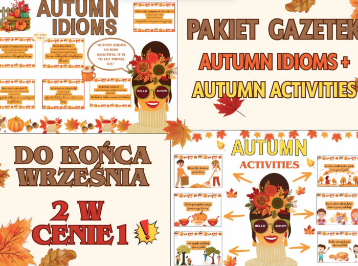 🍂 PAKIET GAZETEK „AUTUMN IDIOMS + AUTUMN ACTIVITIES” 🍂2 w cenie 1 | duży plakat Pani Jesieni|3 dodatkowe grafiki-niespodzianki| Wiele możliwości aranżacjiEdukacyjna i kolorowa dekoracja do klasy i nie tylko