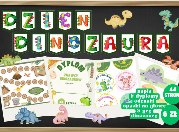 Dzień Dinozaura - napis, odznaki, dyplomy, opaski, gry, dinozaury