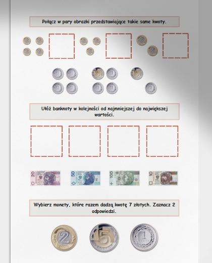 Banknoty i monety. Jaka to kwota? Karta pracy. Sprawdzian