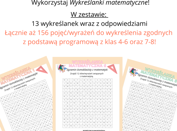 Wykreślanki matematyczne - E8 - aż 156 pojęć/wyrażeń do wykreślenia