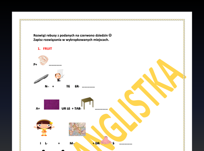 Angielski w rebusach - słownictwo z wielu dziedzin- 7 stron- powtórka po wakacjach na wesoło+ KLUCZ
