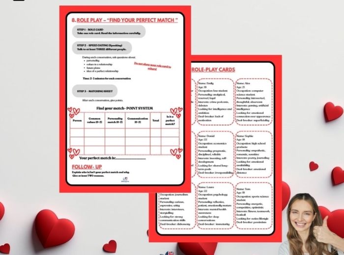 Love & Relationships. Kompletna walentynkowa lekcja B1/B2  wraz z role play (speed dating)