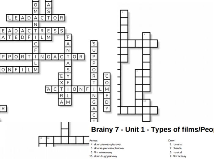 Brainy 7 – Unit 1 – krzyżówki – Types of films_People in film/Other