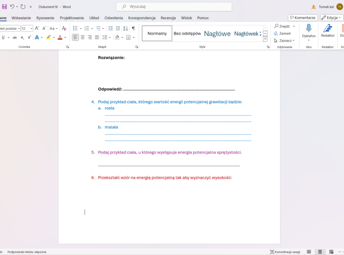 Karta pracy/kartkówka ENERGIA POTENCJALNA