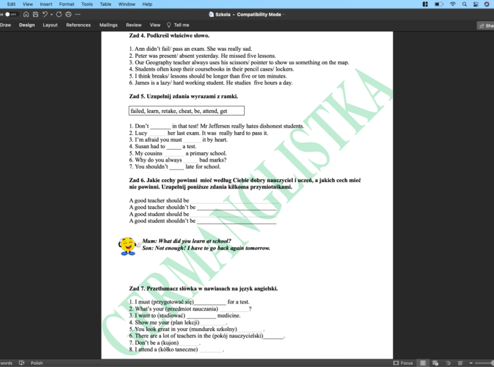 Szkoła - ćwiczenia powtórzeniowe pod kątem egzaminu ósmoklasisty