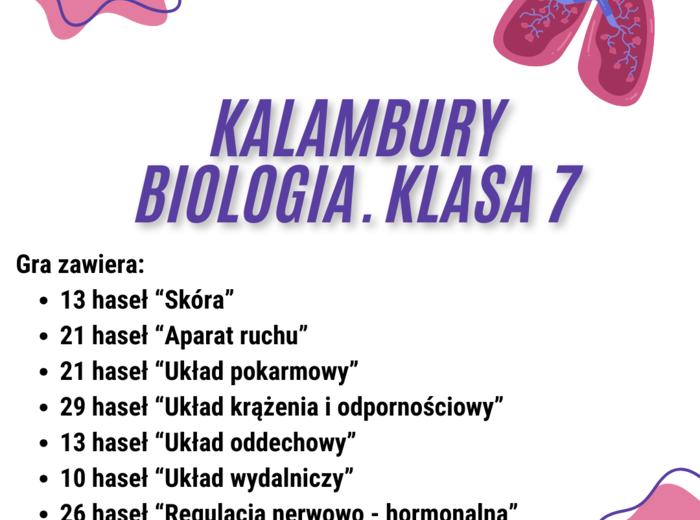 Biologia. Klasa 7. Kalambury. Gra edukacyjna. 178 haseł/pojęć dotyczących wszystkich układów narządów.