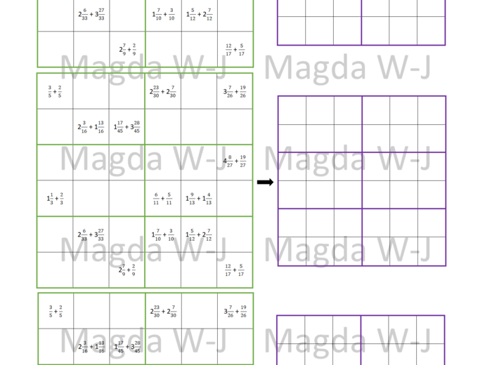 SUDOKU - Dodawanie ułamków o jednakowych mianownikach: Klasa 4 i 5