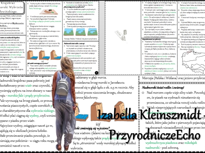 Książeczka/sketchnotka/notatka/wklejka/streszczenie dla ucznia i przypomnienie dla nauczyciela/edukacja domowa/materiał w pigułce. Temat „Krajobraz nadmorski Wybrzeża Słowińskiego” w pdf. Geografia 5, dział „Krajobrazy Polski”. Nowość 2024/2025.