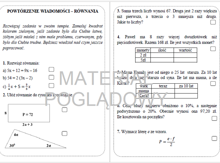 Karta pracy - rozwiązywanie równań. Równania klasa 7, 8