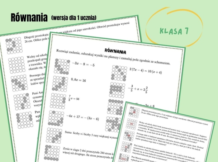 Równania, rozwiązywanie zadań z treścią, kodowana karta pracy, praca indywidualna, klasa 7 i 8