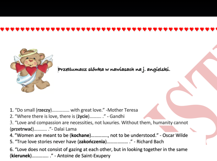 Cytaty o miłości - Love quotations- ze słówkami do przetłumaczenia w nawiasach+ KLUCZ