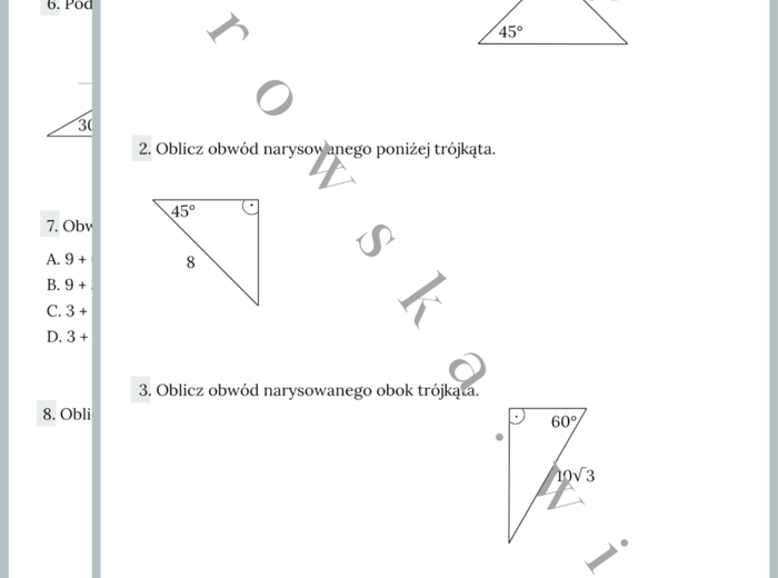 Trójkąty o kątach 45°, 45°, 90° oraz 30°, 60°, 90° - zestaw zadań