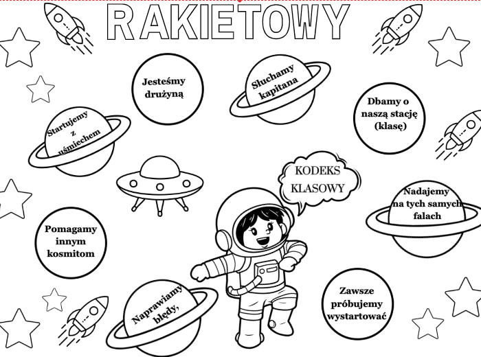 🚀 Gazetka Rakietowy Kodeks Klasowy –68 stron w rozmiarze A4 i mniejszym| Zestaw kolorowy i biało-czarny w 2 wersjach- idealny do kolorowania