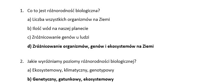 Test- zagrożenia różnorodności biologicznej