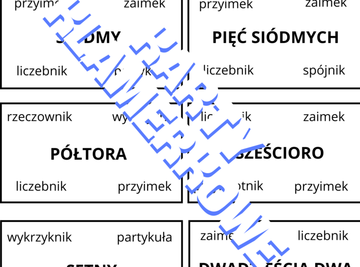 Karty - trudniejsze części mowy (zabawa z klamerkami)