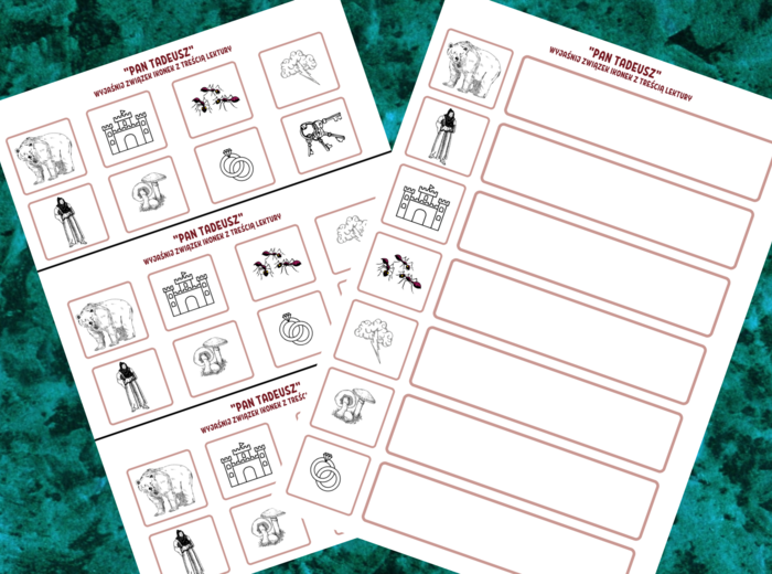 "PAN TADEUSZ" - ikonki - wklejki - karta pracy - lektury 7-8