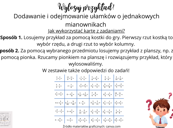 Wylosuj przykład! - Dodawanie i odejmowanie ułamków o jednakowych mianownikach