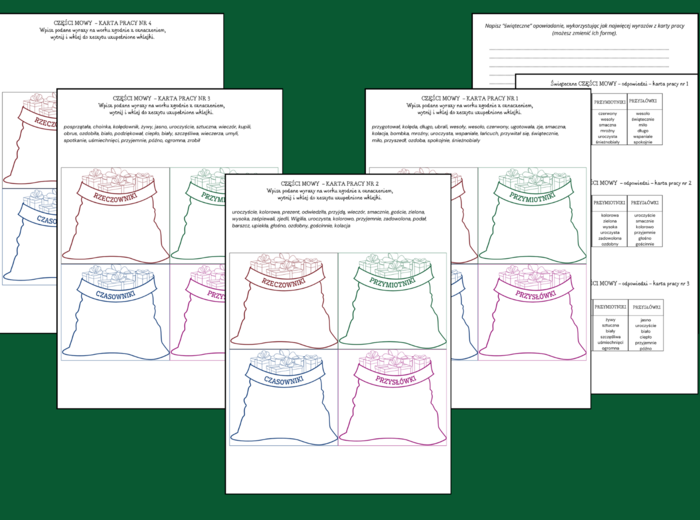 Świąteczne CZĘŚCI MOWY – czasownik – rzeczownik – przymiotnik – przysłówek - karta pracy - opowiadanie - Boże Narodzenie - zima - wklejka - gramatyka - 3 wersje + odpowiedzi