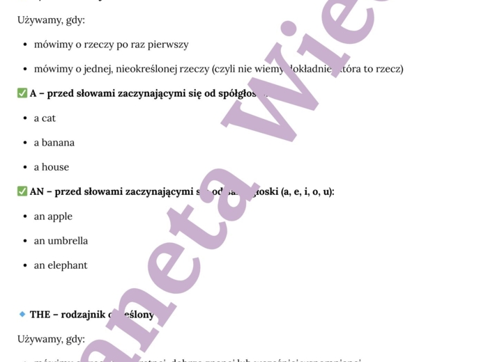RODZAJNIKI (A, AN, THE) the articles E8 – Zbiór zadań do egzaminu ósmoklasisty z języka angielskiego. Poziom A2/A2+ – 10 STRON ZADAŃ, różnice w stosowaniu a, an i the w zadaniach, ćwiczenia użycia w sytuacjach codziennych, wypełnianie luk w tekście, twor